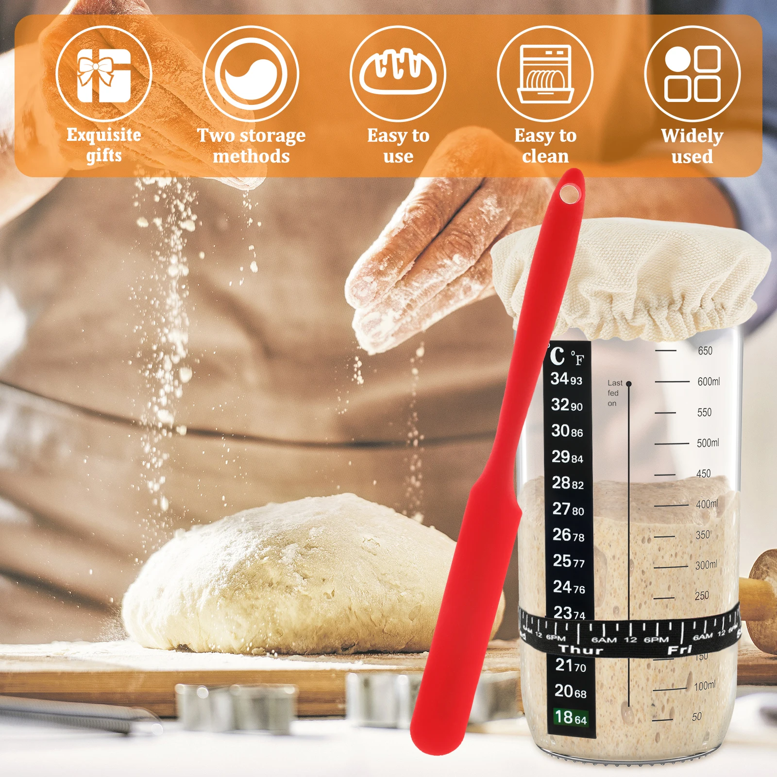7Pcs Dough Starter Jar Laber Sourdough with Cloth Cap Silicone Spatula Date Band Breathable Jar Cover for Kitchen Baking - view 4