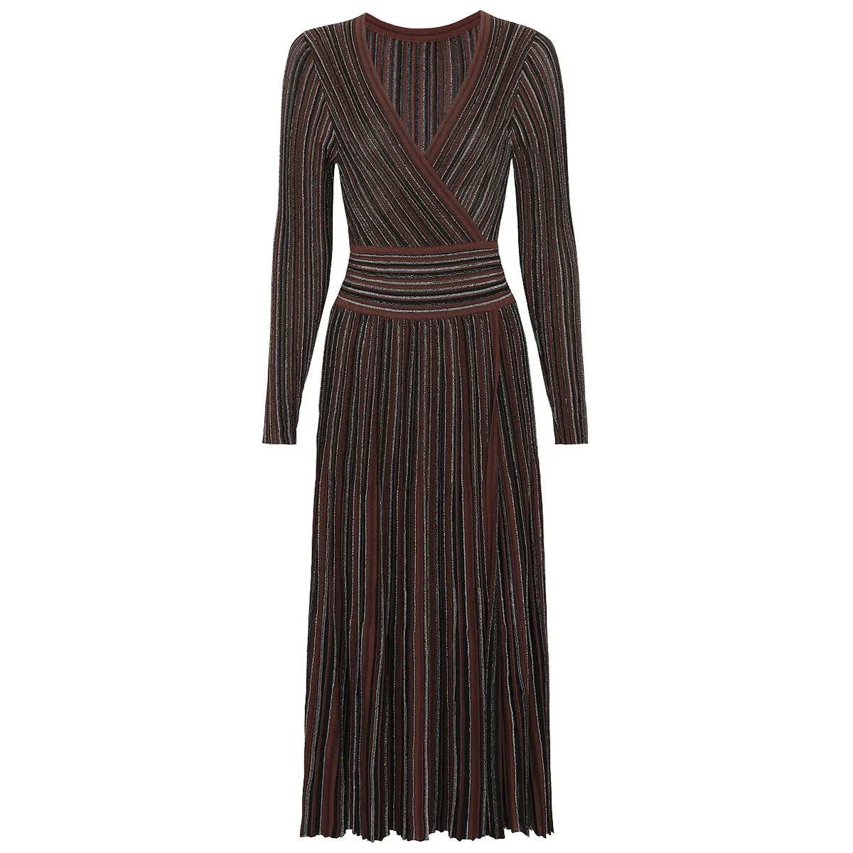 New Fashion Sexy V-Neck Long Sleeve Bright Silk Stripe Slit Slim Casual Dress For Women