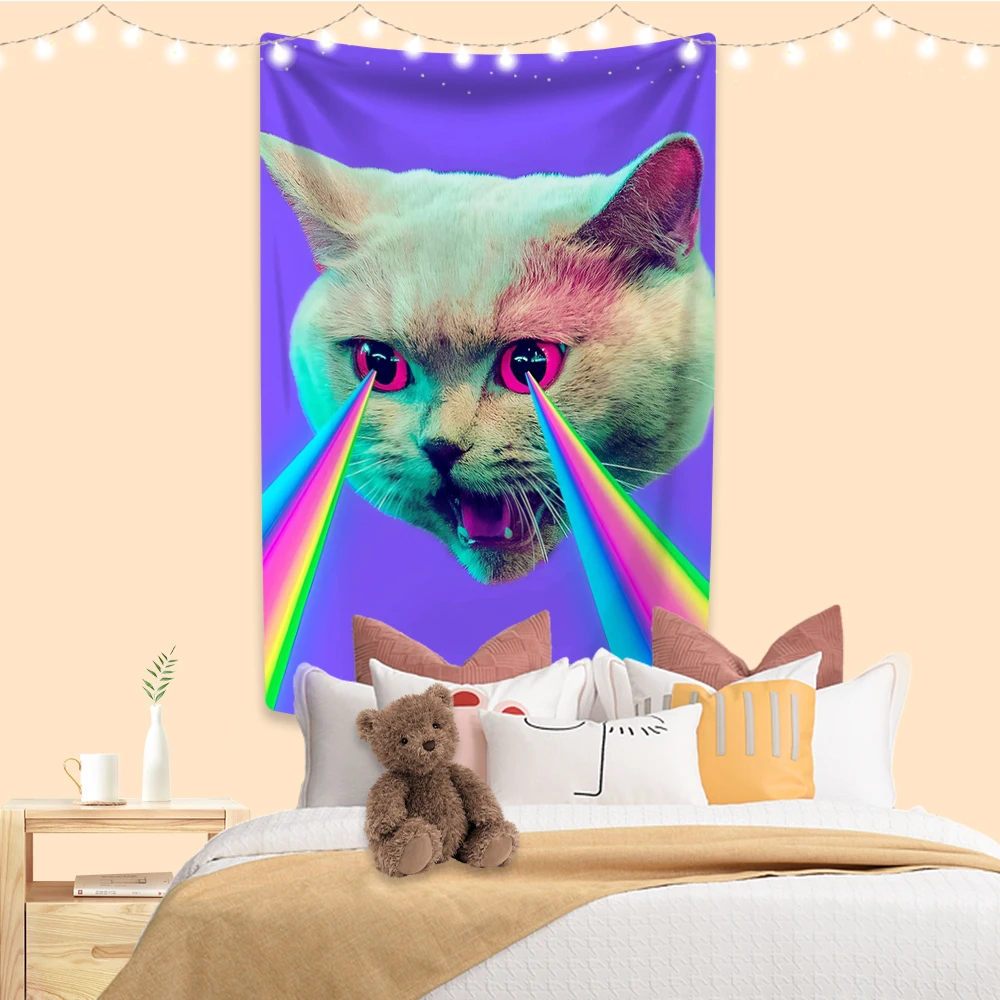 Psychedelic Animal Tapestry Funny Cat Meme Printed Wall Hanging Party Background Bedroom Dorm Decoration Painting Cloth Art