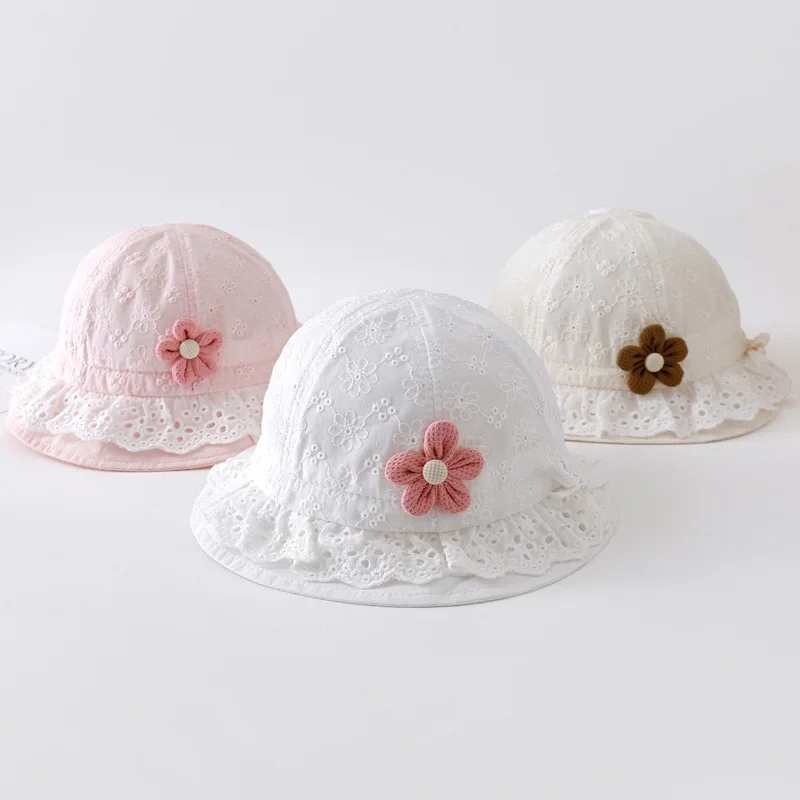 

Spring-Summer Infant Sun Hat for 0-8 Months Old Girls Stylish Felt Fisherman Cap with Lace Edge Wide Brim for Sun Protection