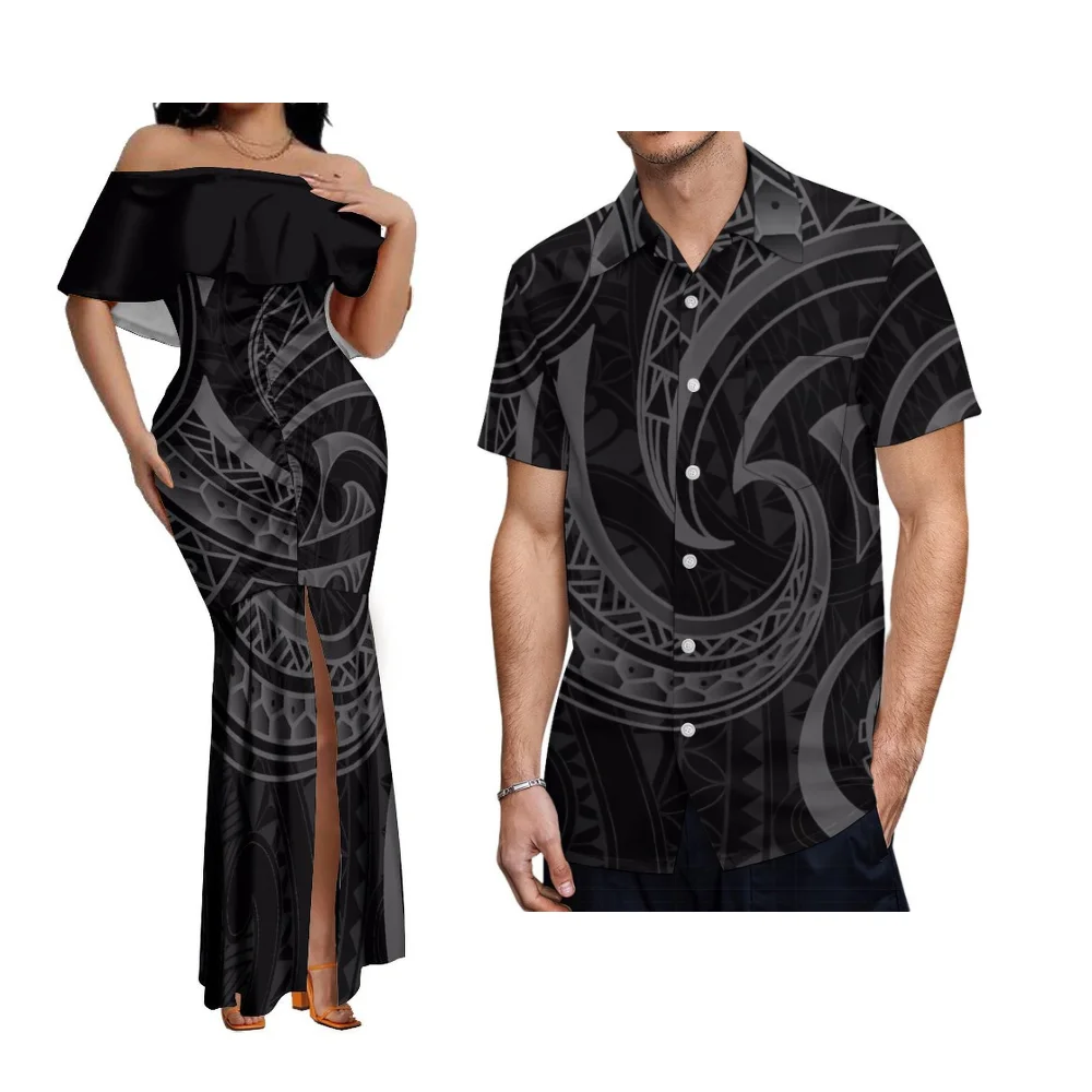 Damska sukienka na jedno ramię typu rybka, polinezyjski zestaw dla par na zamówienie i męska koszula, popularna samojska sukienka wieczorowa na festiwal.