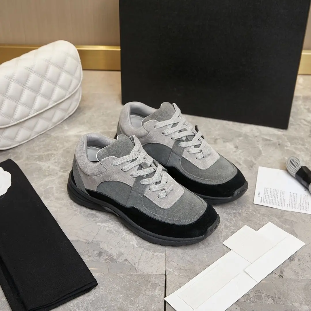 Men Women Grey Black Color Block Suede Low Top Thick Sole Casual Shoes Splicing PU Retro Couple Lace-up Anti-slip Jogging Sneakers