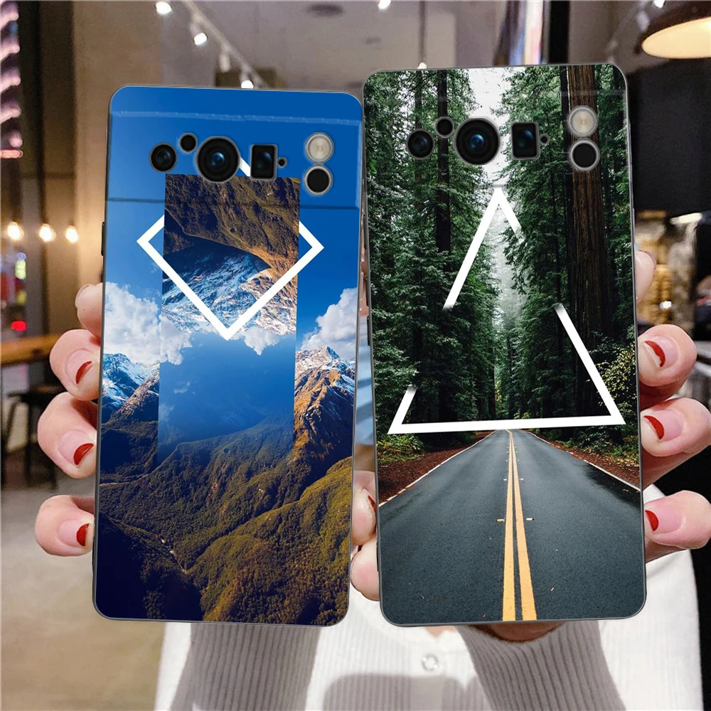 Phone Case For Google Pixel 9 8 8A 7 7A 6 Pro XL 6A 5G Black Soft Shockproof Back Cover TPU Shell Forest Geometry Wood