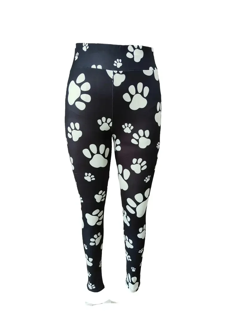 Cute cat paw print casual hip lift elastic elastic waist tight-fitting daily wear travel working women\'s leggings