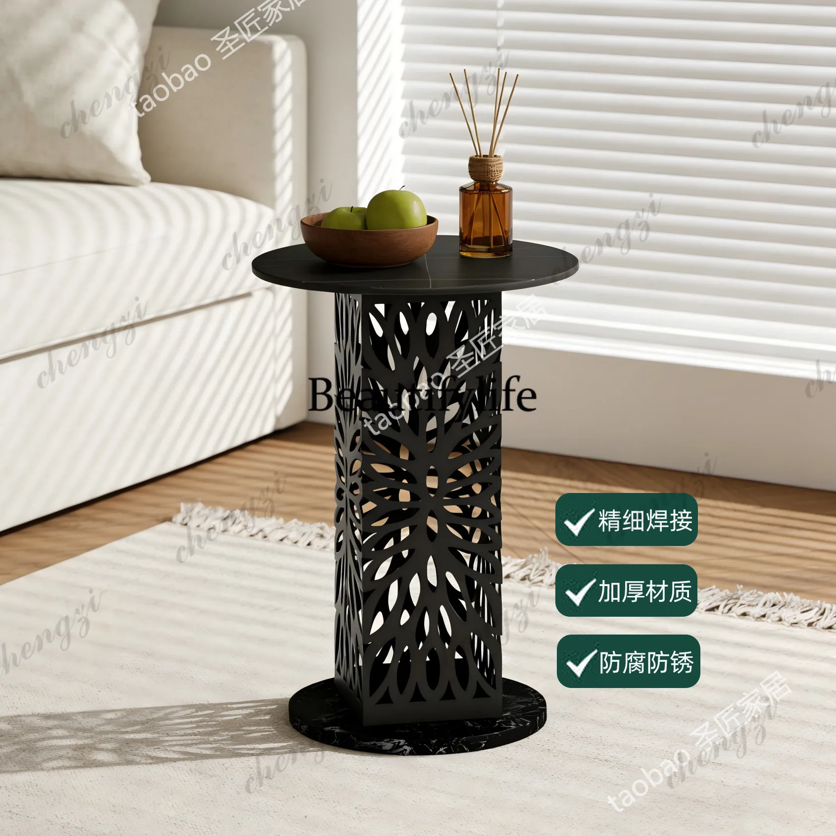 Modern simple floor-to-ceiling flower stand, living room sofa, marble side table, wrought iron small round table