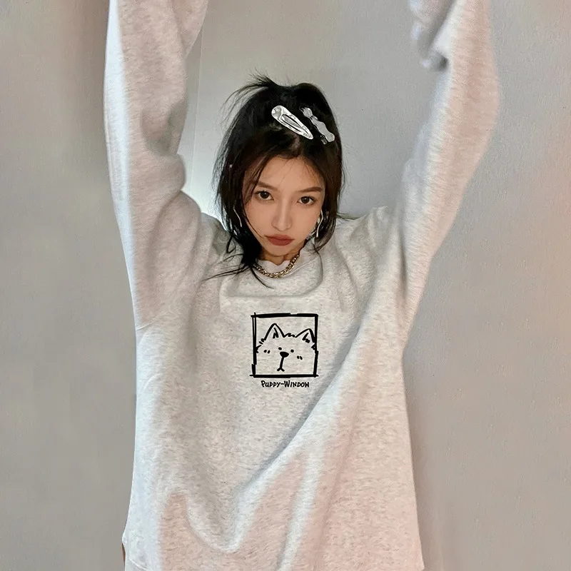 White Gray Korean Cartoon Print Sweatshirt Women Autumn Winter 2025 New Oversize O-Neck Plush Pullover Y2K Tops Ladies clothing