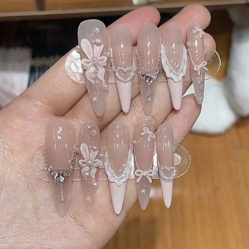 

10 Pieces Sweet Elegant Pearls Diamonds Handmade Press On Nails Fancy Ballet Butterfly French Fake Nails Removable Reusable