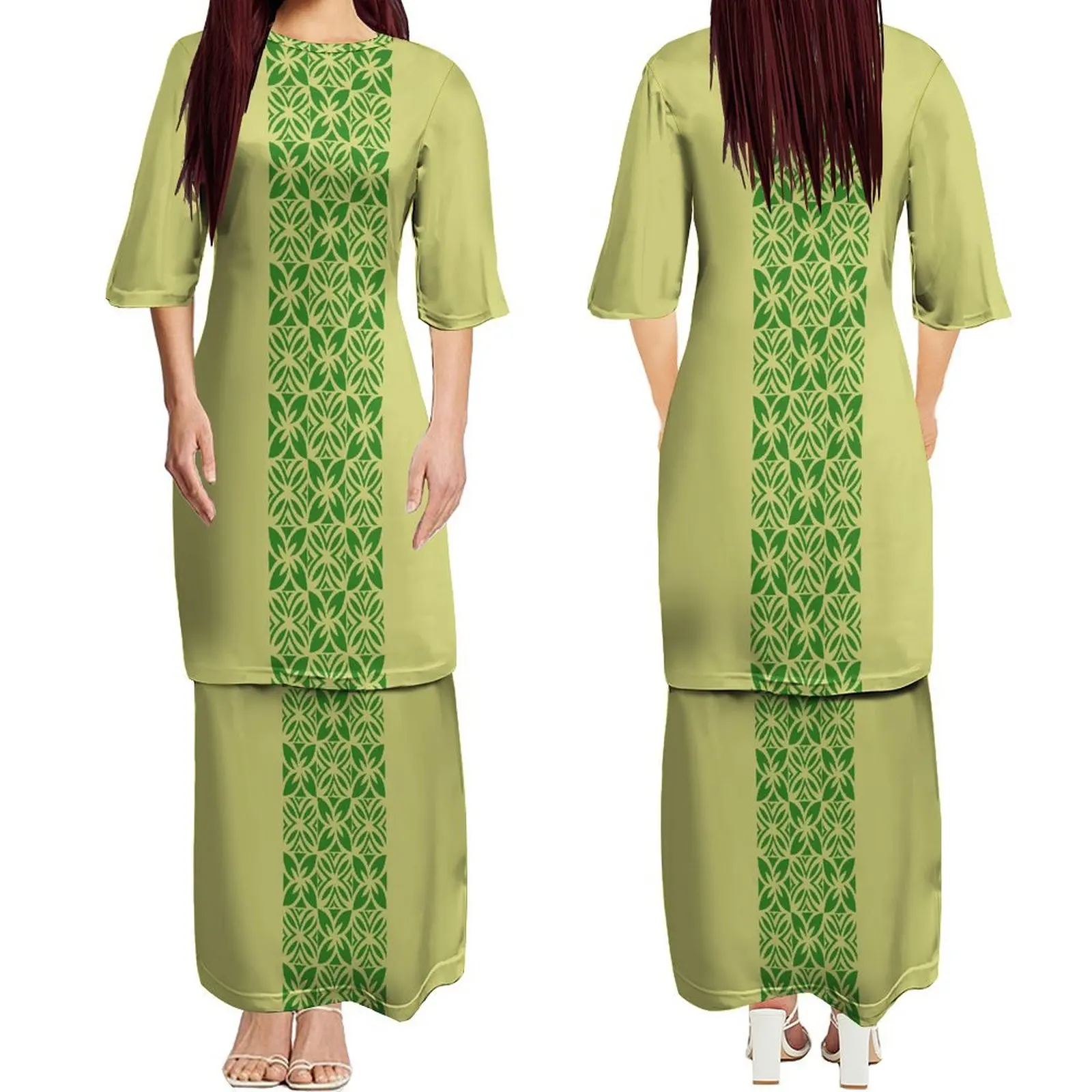 2024 New Crew-Neck Double-Layer Dress Puletasi Samoa Custom Polynesian Ankle-Length Dress Dress