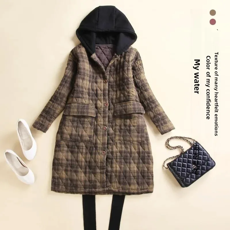 Retro Plaid Cotton Jaet Women's Winter Outerwear Loose Plus Size Hooded Cotton Coat Mid-Length Thiened Korean Sle