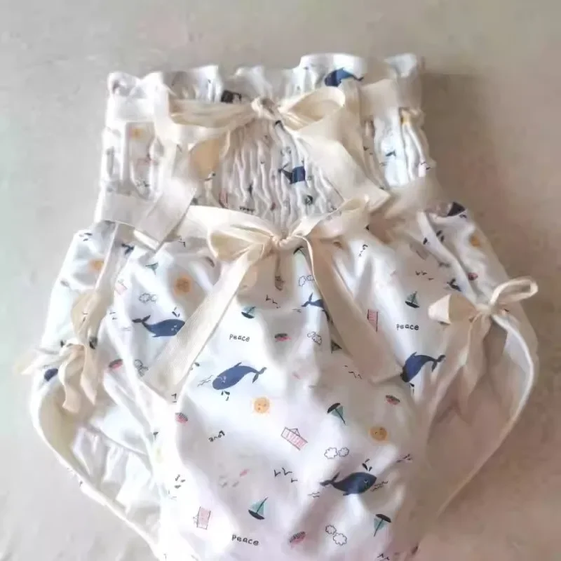 High Waist Adult Cotton Cute Thick Lace up Printing Belly Protective Cloth Diaper Briefs Padded ABDL Leak-Proof Diaper Panties