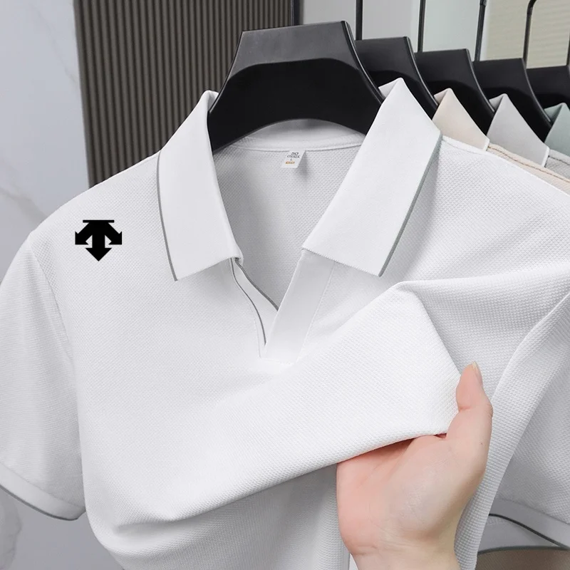Men's V-neck & Notched Collar Polo Shirts with White Trim Edge, Short Sleeve Golf T-shirts for Men, Daily Casual Wear Tops
