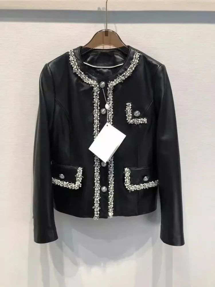 Office Lady Elegant Genuine Leather Jacket Bead Shiny O-Neck Single Breasted Real Sheepskin Long Sleeve Coat Classy Outerwear