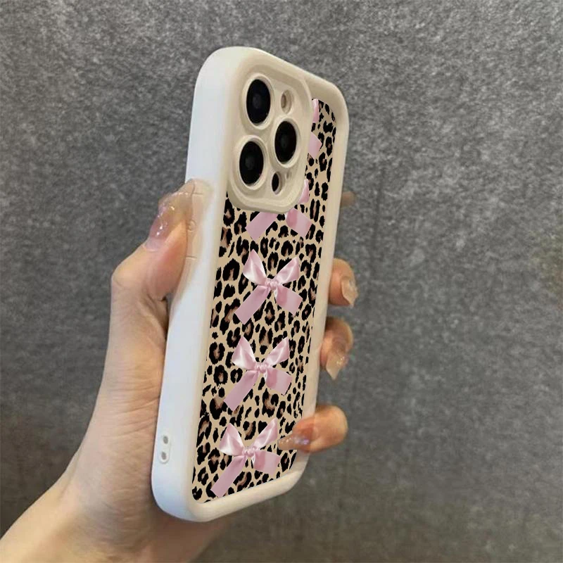 Leopard Print Pink Bow Phone Case For Samsung Galaxy S25 S24 S23 S22 S21 Ultra FE Plus A53 A35 A34 A33 A25 A24 A16 Soft Cover