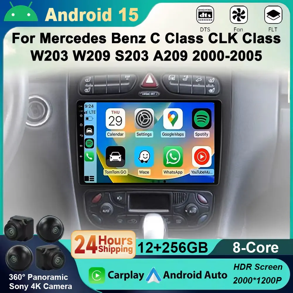 

Автомобильный радиоплеер с автоэкраном Android 15 Carplay для Mercedes Benz C Class W203 C200 C320 C350 CLK W209 2000-2005 Auto 4G WIFI BT