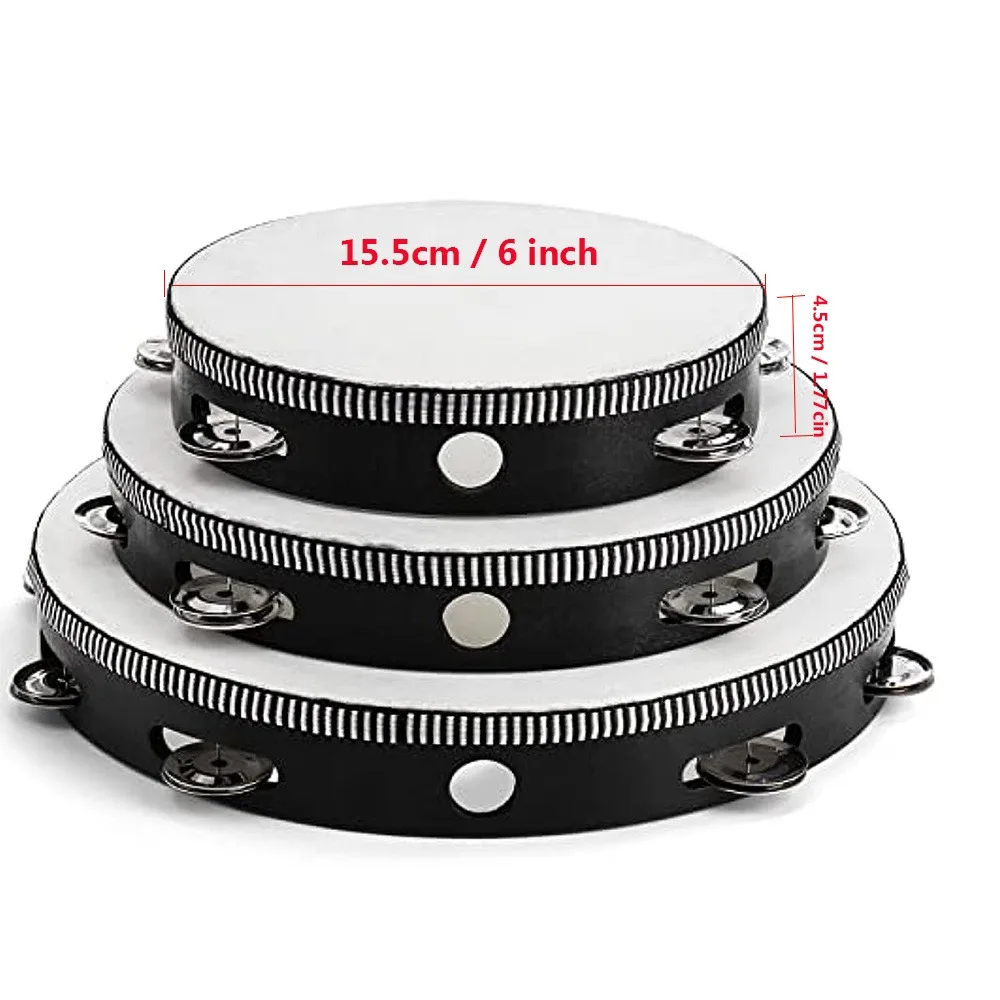 4/6/8/10inch White Drum Head Black Edge Double Row Hand Shaken Tambourine Wooden Hand Drum Percussion Instrument for KTV, Party