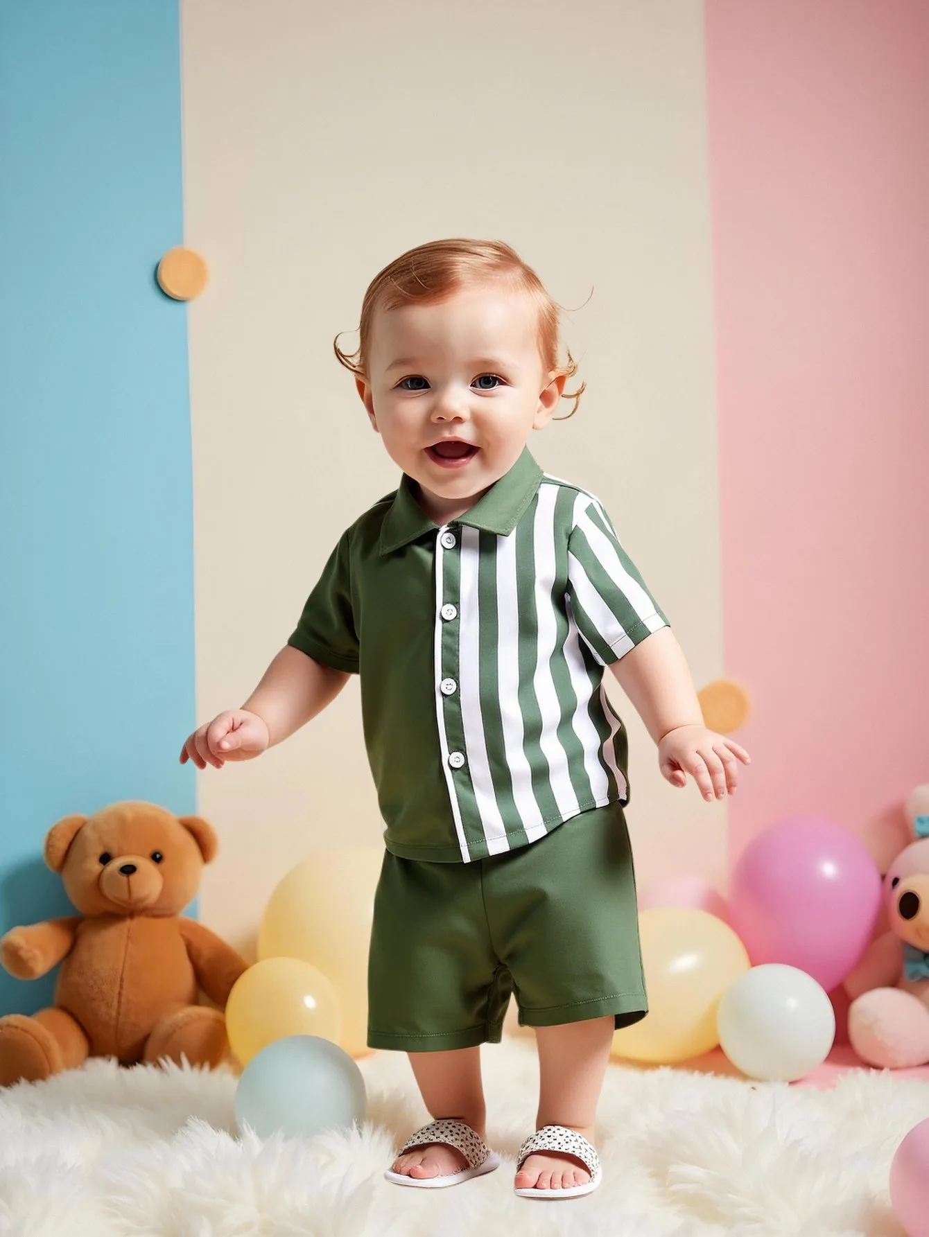 2-Piece Baby Boy Fashion Casual Solid Color Block Vertical Stripes Woven Fabric Short Sleeve Shirt Top And Shorts Set Summer
