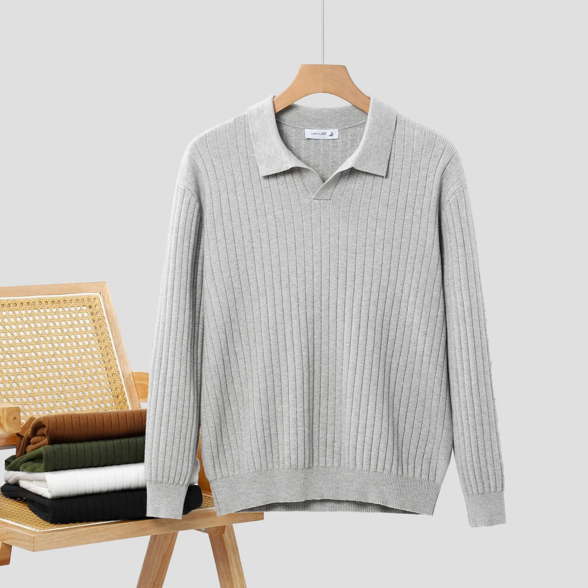 

Men's Vertical V-neck Knitted Sweater Autumn and Winter Lapel Casual Simple Pullover Base Inner