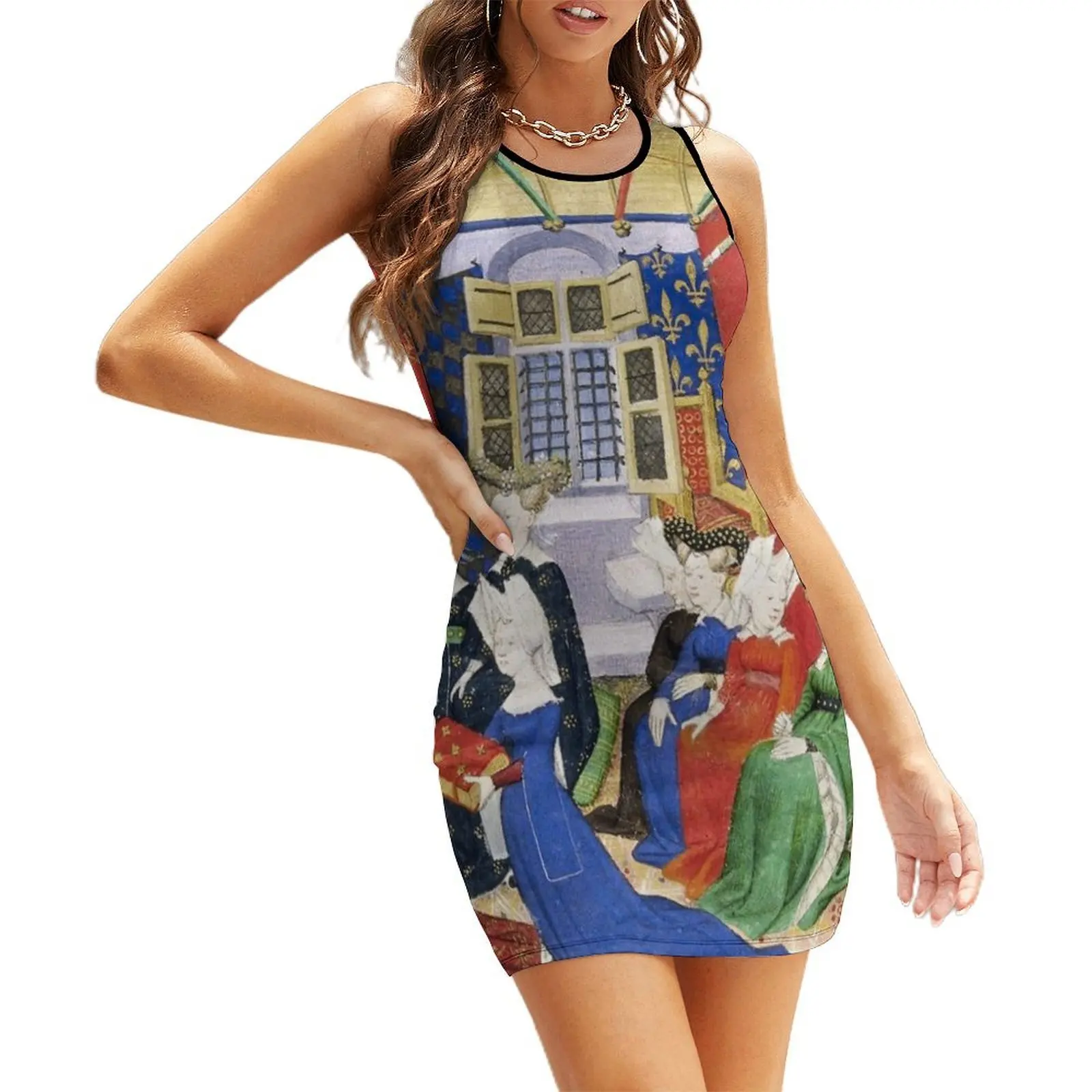 

Christine de Pisan presenting her book to queen Isabeau of Bavaria Sleeveless Sundress dress for woman sexy dress for women