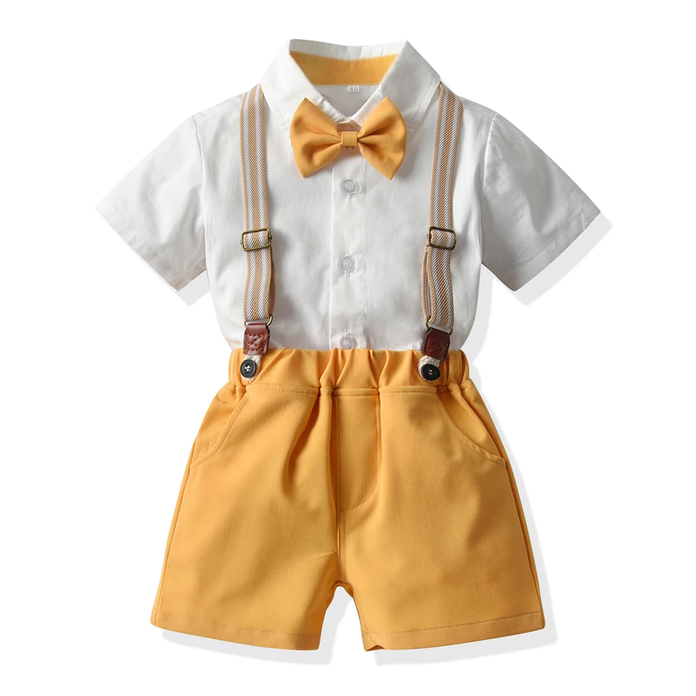 

top and top 2021 New Baby Boy Gentleman Set Bowtie Short Sleeve Shirt+Suspenders Shorts Toddler Boys Clothing Outfits