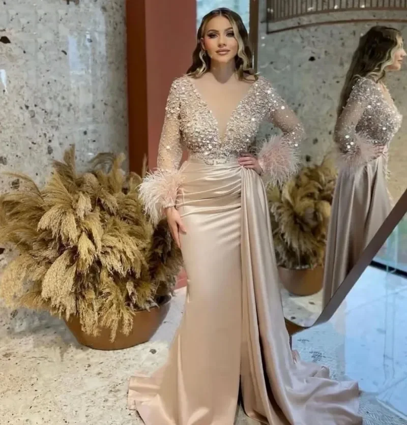 Luxury Beaded Feathers Prom Dresses Long Sleeves Trumpet Mermaid Champagne Satin Arabic Women Party Evening Gowns 2025 Customize