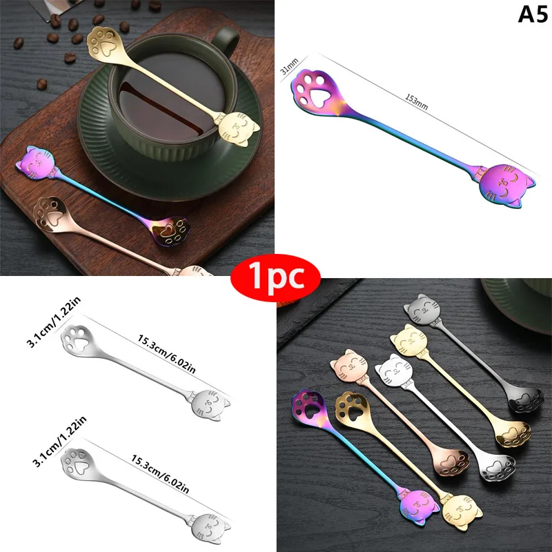 Lovely Cat Shape Teaspoon Stainless Steel Coffee Spoon Ice Cream Mini Spoons Tableware Kitchen Tools   Dessert Snack Scoop