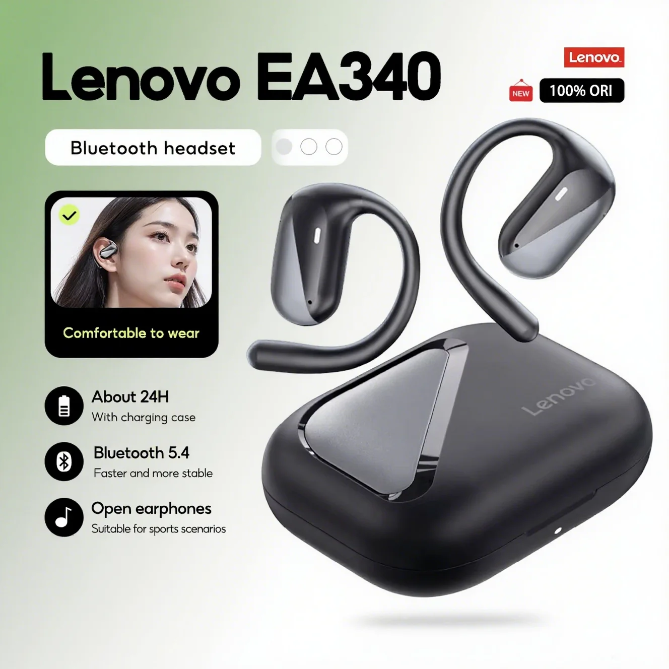 

Lenovo EA340 Беспроводные наушники с открытым ухом Bluetooth 5.4, подвесные наушники TWS с сенсорным управлением и длительным сроком службы батареи