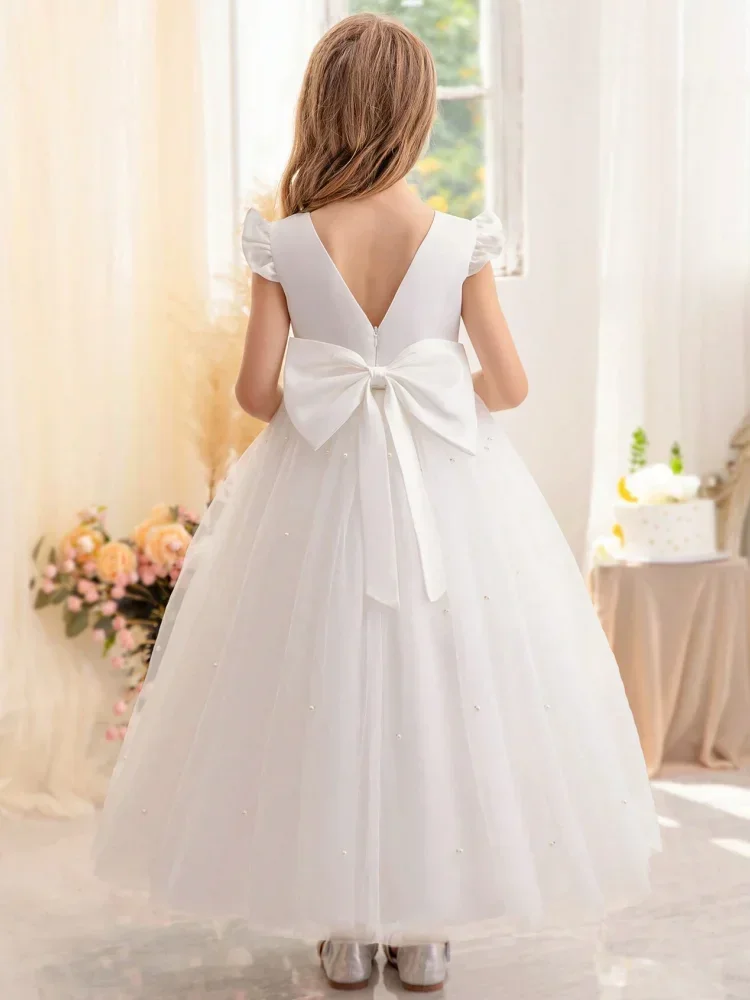 Flower Girl Dress White Tulle Pearls Skirt With Bow Short Sleeve For Wedding Birthday Party First Communion Gowns Princess Dress