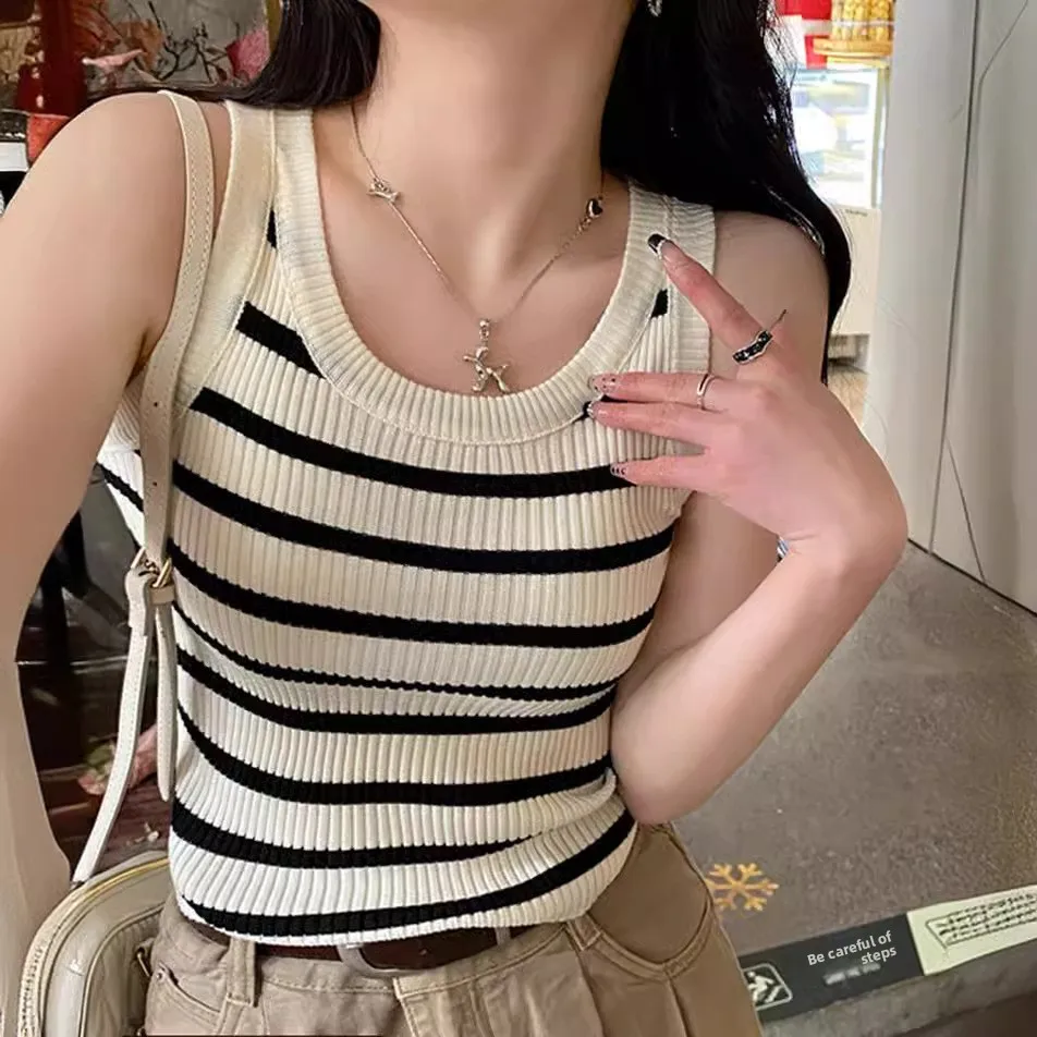 Women's Knitted Vest Top Inner Strap Stripe Design Summer 2026 New Style Base Layer Tank Top Breathable Sweat Absorbent