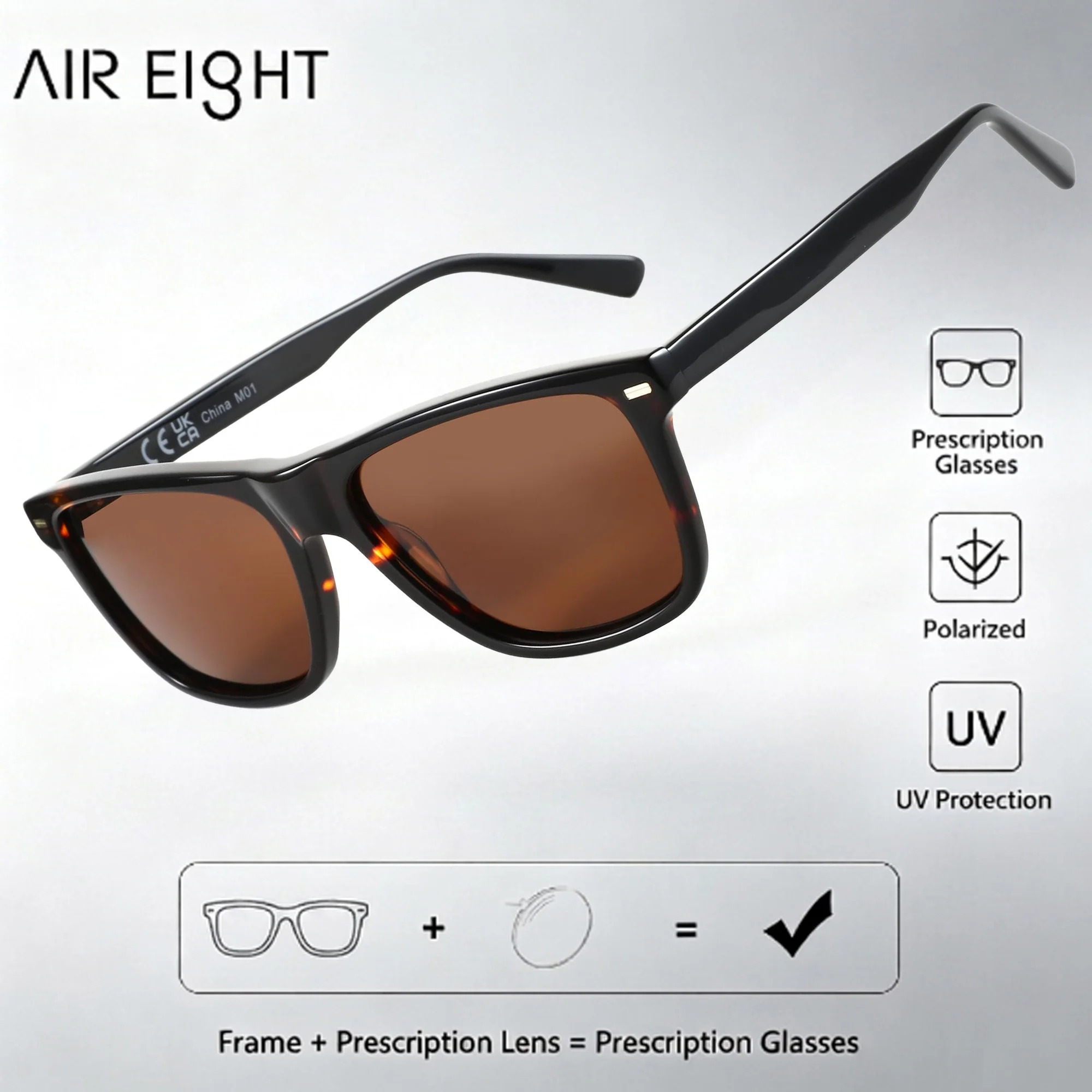 AIR EIGHT Square Acetate For Men Prescription Sun Glasses Polarized UV400 Progressive Lenses Business Glasses