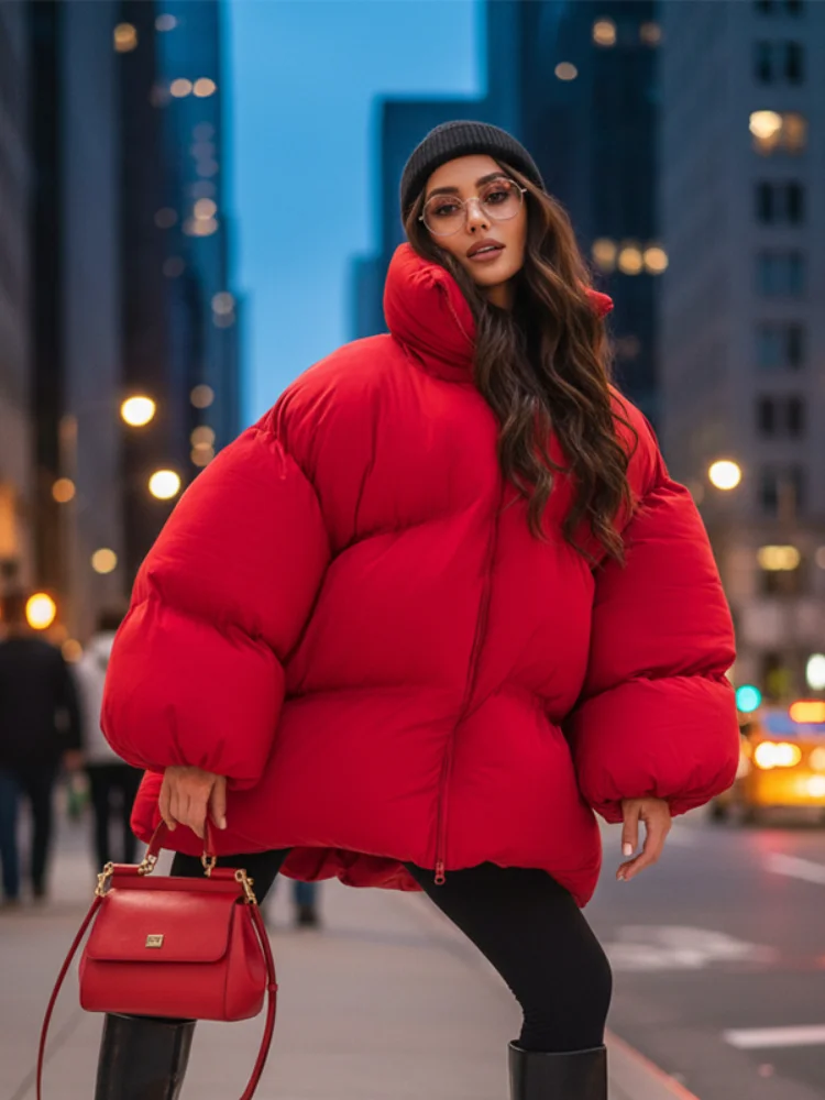 

Fashion Red Stand Collar Cotton Coat Lady Solid Turtleneck Full Sleeve Zipper Oversized Jacket Women Winter Daily Streetwear