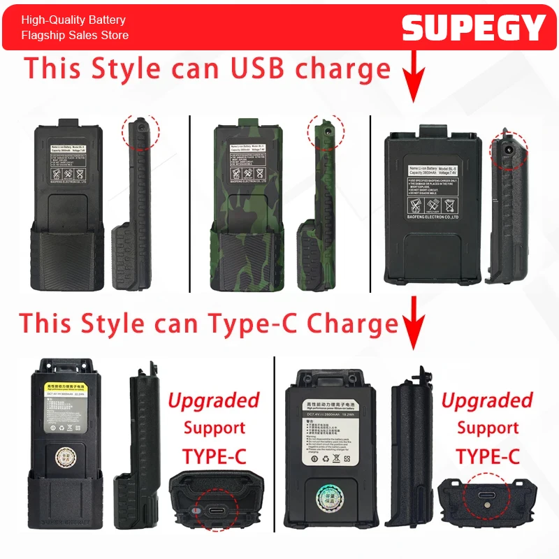 For Baofeng UV-5R Walkie Talkie Battery USB/Type-C Charger Compactible UV5RE UV5RT F8+ Rechargable Battery Baofeng Two Way Radio