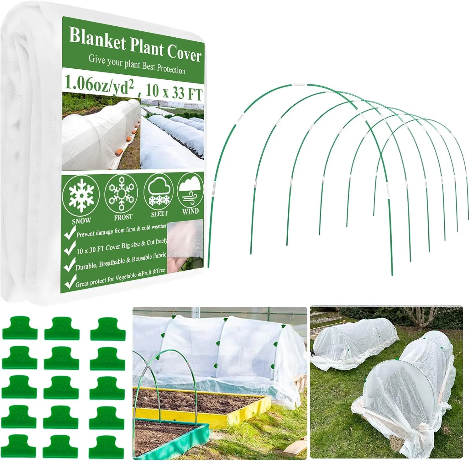 

10x33FT Plant Covers Freeze Protection Kit, Garden Hoops Kit for Winter, Frost Cloths Plant Blanket Floating Row Cover for Winte