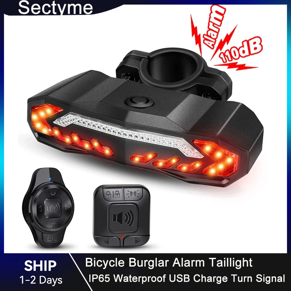 Sectyme Bicycle Burglar Alarm Taillight IP65 Waterproof USB Charge Turn Signal Warning Auto Brake Light Scooter Bike Rear Lamp