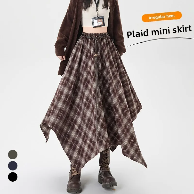 Women's A-Line Midi Skirt High Waist Elastic Waist Plaid Design Slimming Irregular Pattern Korean Style Commute Daily Wear