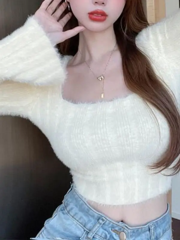 Korean Style Solid Square Collar Wool Spring T-shirt White Soft Sweet Classic Flare Sleeve Screw Thread Knit Off Shoulder VM7E