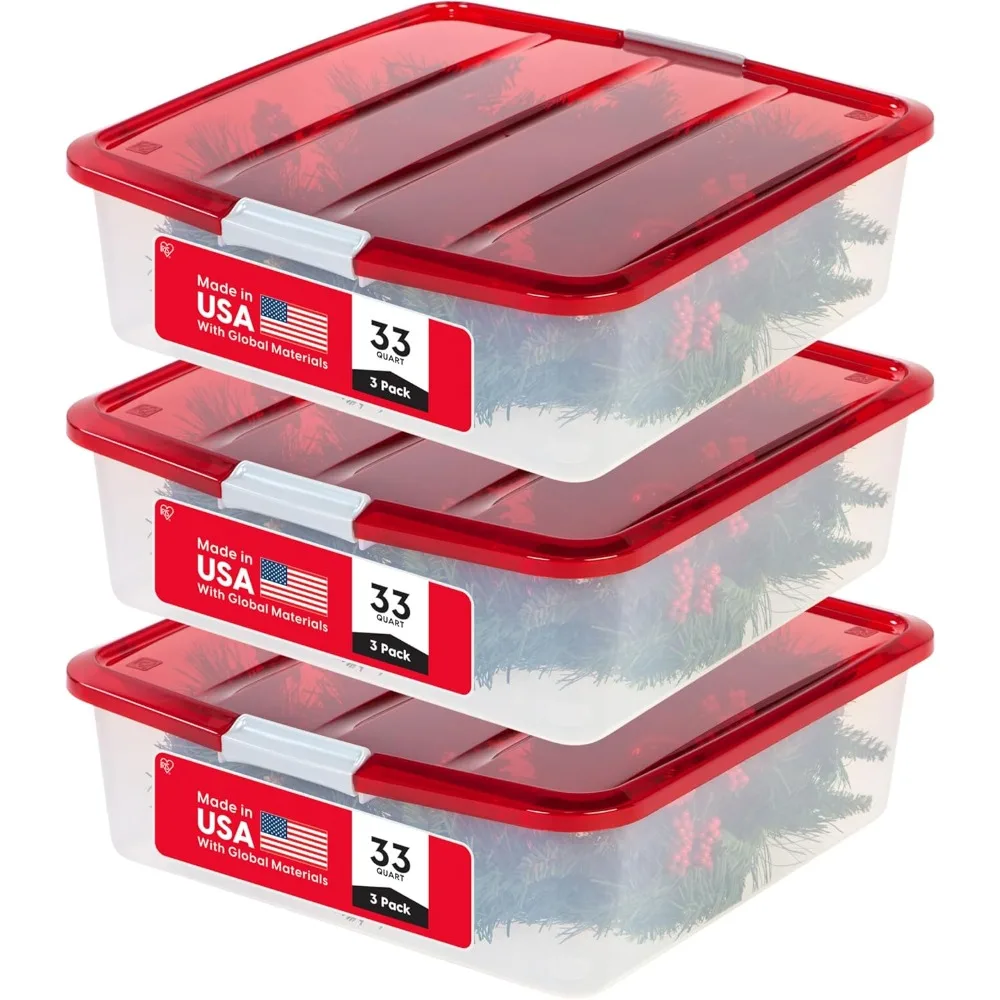 صندوق تخزين إكليل العطلات سعة 33 لترًا، 3 قطع، منظم تحت السرير قابل للتكديس مع أبازيم إغلاق للزينة الاحتفالية شفافة/أحمر