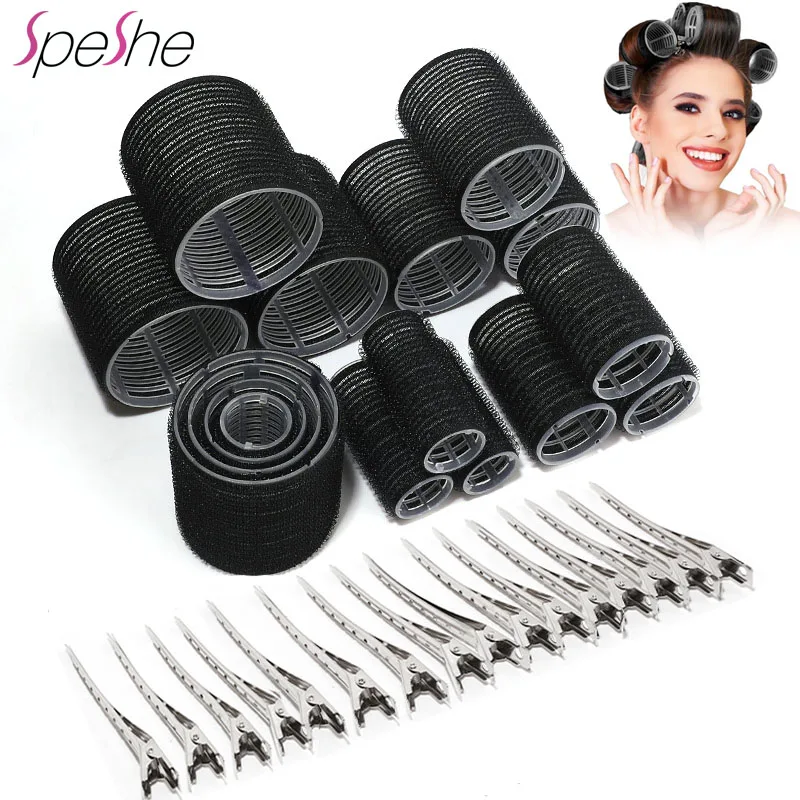 

32pcs Black Self Grip Hair Rollers No Heat Hair Curlers Heatless Curls Hair Bangs Volume Self-adhesive Hook DIY Styling Tools