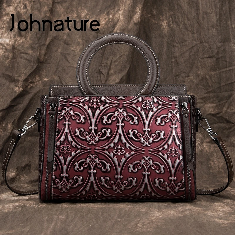 

Johnature Luxury Bag Genuine Leather Retro Women Handbag 2024 New Handmade Embossing Cowhide Floral Shoulder & Crossbody Bags