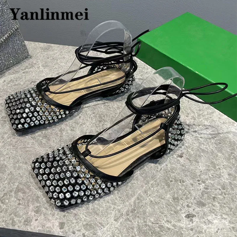 

Bling Crystal Shoes Women Square Toe Ankle Strap Party Shoes Mesh Hollow Summer Shoes Rhinestone Runway Ballet Flat Shoes Woman