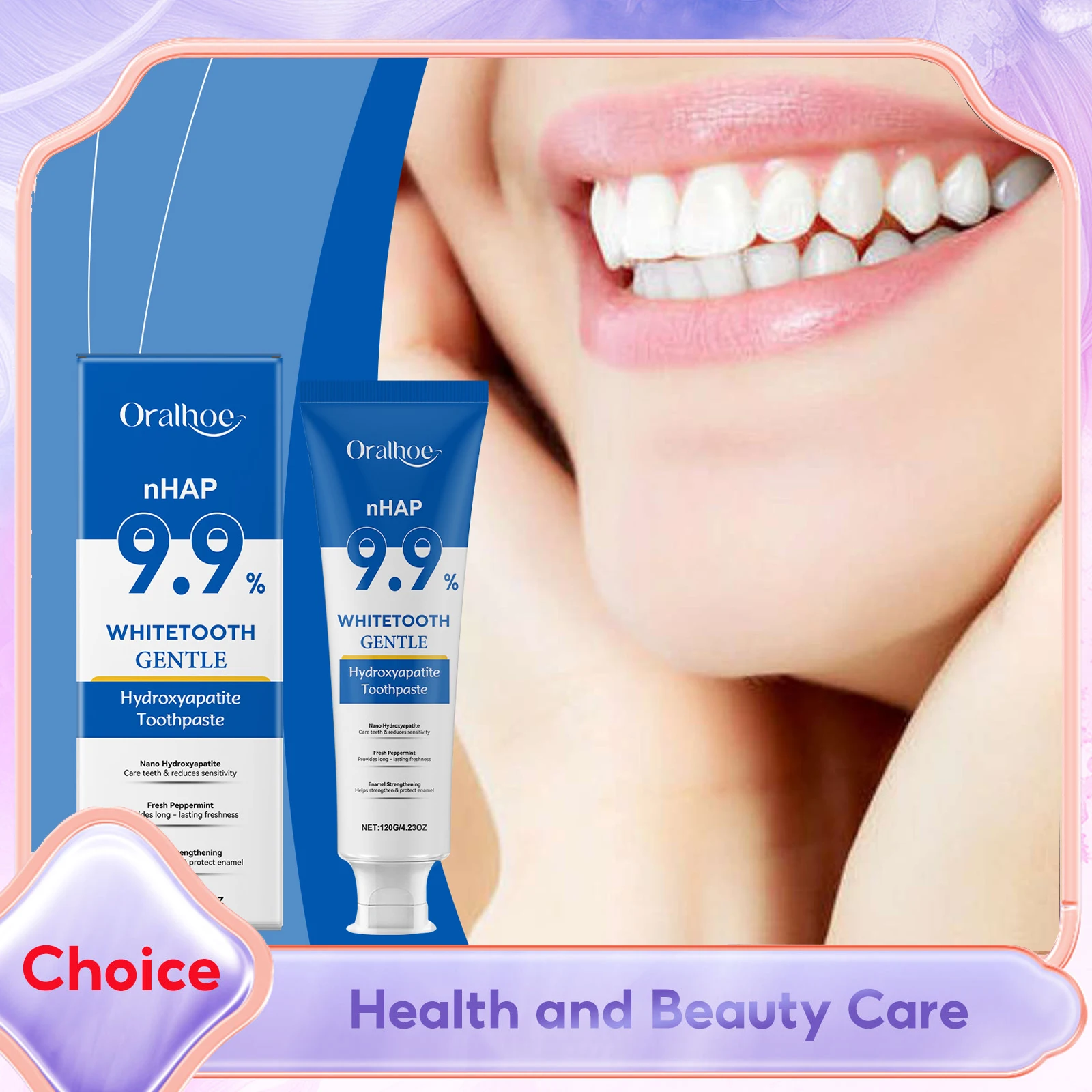 

9,9% гидроксипазитная зубная паста, отбеливание зубов, защита эмали, чистка полости рта, удаление пятен, освежает дыхание, осветляющая зубная паста