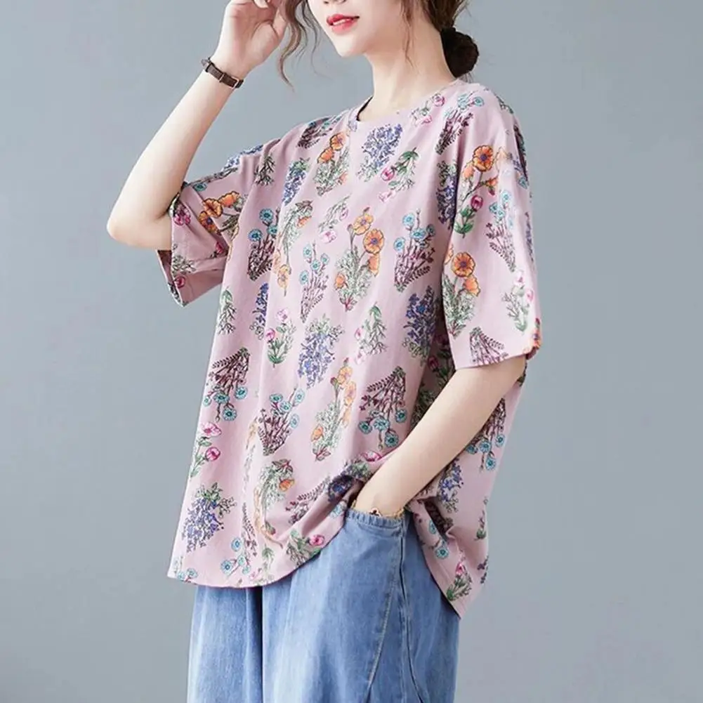 Jersey elástico con estampado Floral para mujer, Camiseta holgada de manga corta con cuello redondo, ropa de calle elegante para verano