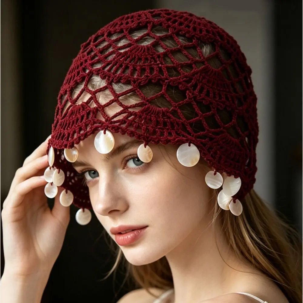 Casual Elegant Hollowed Out Knitted Hat Solid Color Ethnic Style Shell Tassels Hat Korean Thin Woven Pullover Cap Outdoor