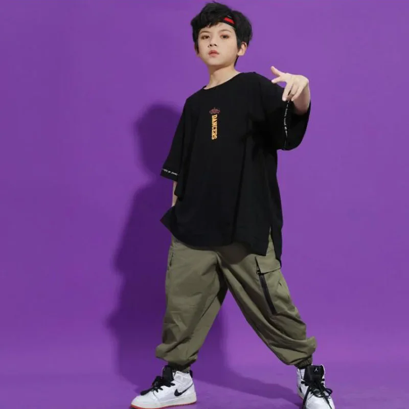 Loose Tshirt Tactical Cargo Pants Kids Boys Hip Hop Dance wear Outfits Stage Clothes Girls Cool Carnival Jazz Dancing Costumes