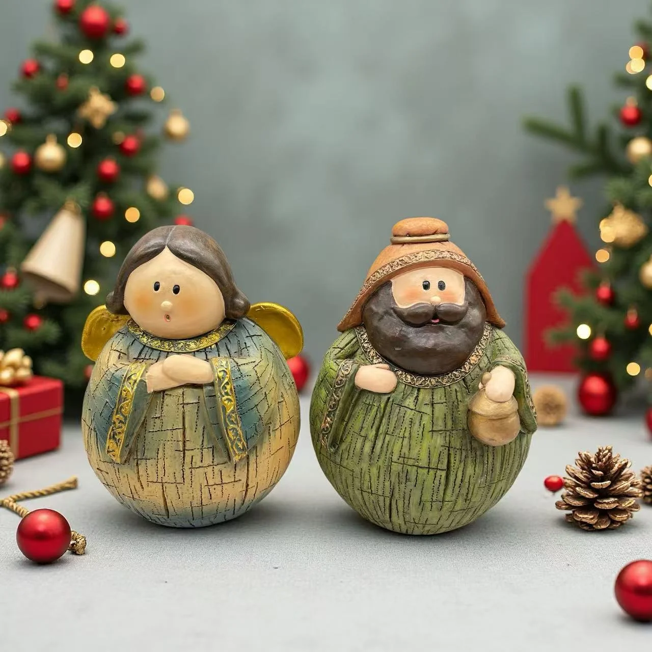 Cartoon Roly Poly Nativity Scene Figurines Resin Angel Wise Man Sculpture Christmas Religious Souvenir Baptism Gift