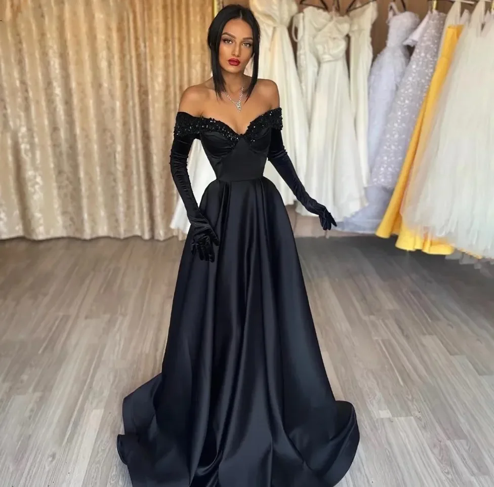 

Black Chic Woman Evening Dresses 2026 Off The Shoulder Beading Long Formal Prom Gowns Robe De Celebrity Dess Robe De Soiree