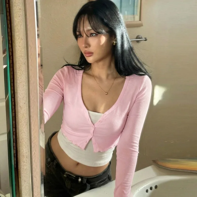 

Trendix Women's 2 Piece Outfit Set Slim Cropped Long Sleeve Button Cardigan And White Sleeveless Tube Top Summer Y2K Streetwear