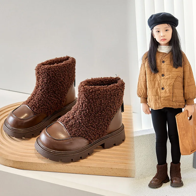 Girls' Fleece Shoes 2024 Winter Fashionable and Comfortable Cotton Boots for Children and Girls Anti-slip Warm Casual Shoes