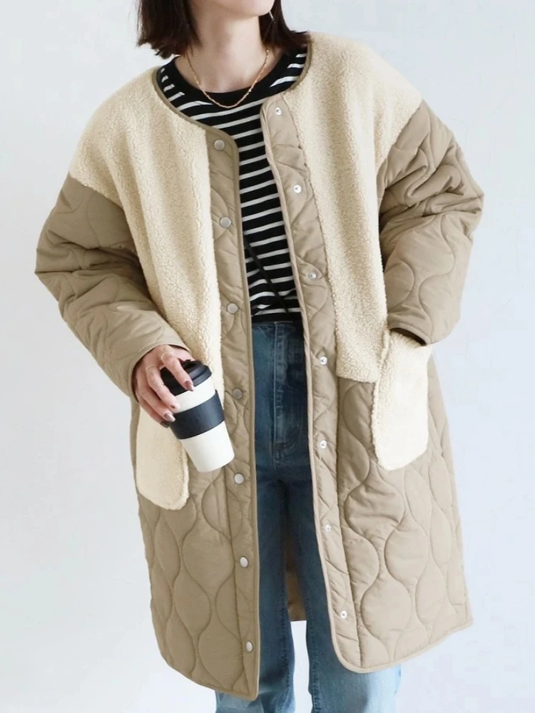 

Loose Fit Long Sleeves Cotton Jacket Women's Autumn Winter Patchwork Design Casual Mid-Length Coat Outwear Oversized Parkas