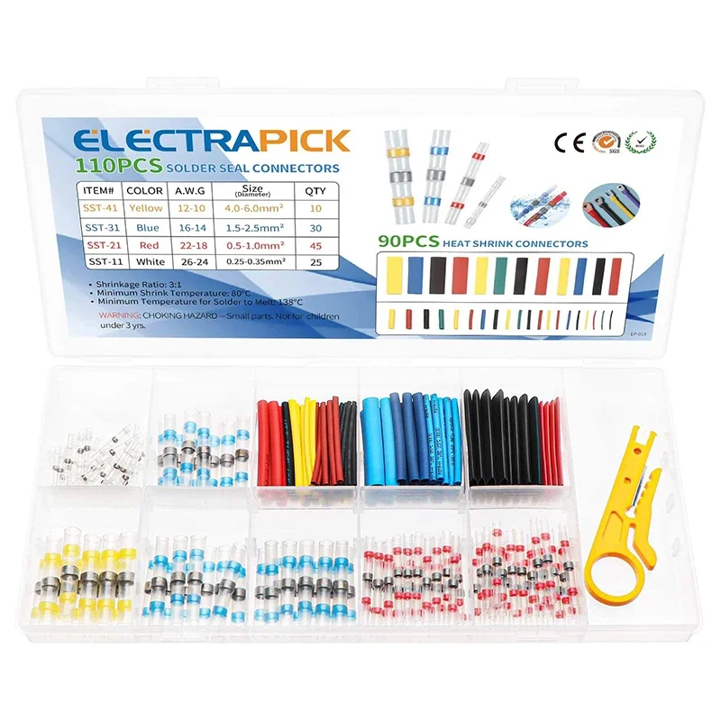 110pcs Heat Shrinkable Tube Wire Cable Connector Soldered Connector + 90 Heat Shrink Tubing with Mini Stripping Knife