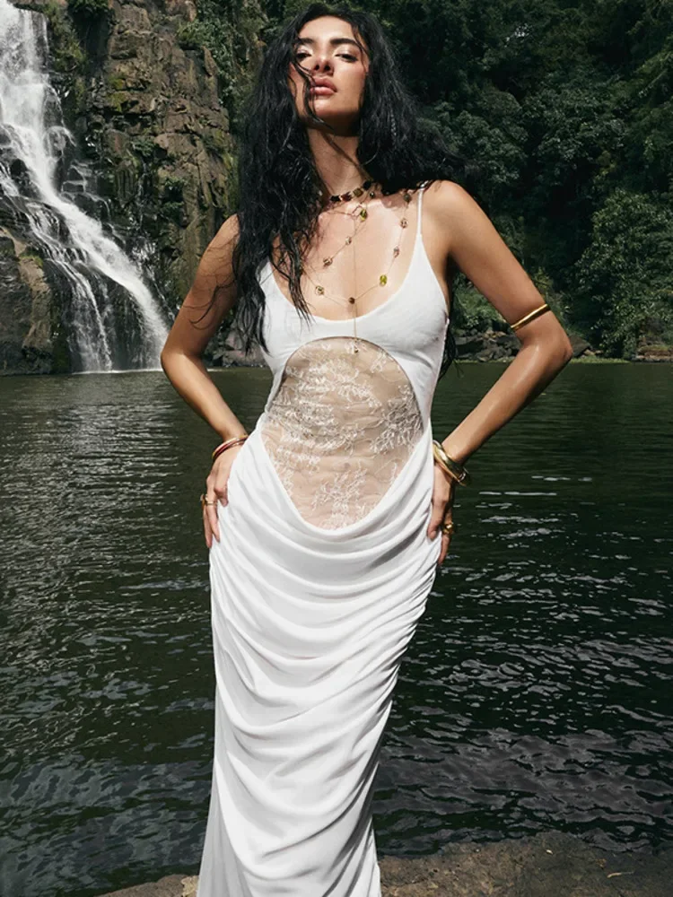 

Lace See Through Backless Sexy Maxi Dress Women Spaghetti Strap Sleeveless Ruched Bodycon Club Party Long Dresses